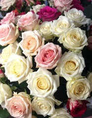 A bouquet of roses in various shades of pink, peach, and white, showcasing a beautiful and delicate display of flowers.