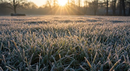 Close-up of frosty grass glistening in the golden light of a cold winter morning sunrise
