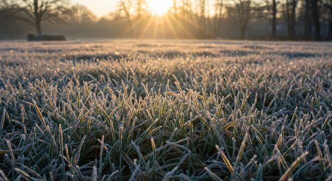 Close-up of frosty grass glistening in the golden light of a cold winter morning sunrise