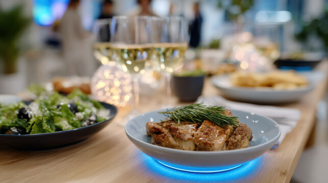 An exquisite dining scene featuring a beautifully plated dish amidst an elegant setting, symbolizing a fusion of modern design and culinary excellence in a cozy atmosphere.