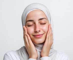 Close-up portrait of a woman with a serene expression, gently touching her smooth skin, showcasing healthy, radiant features against a neutral backdrop.
