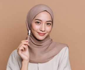 A woman in a light taupe hijab holds a small clear bottle of facial serum, showcasing a friendly expression against a neutral backdrop.