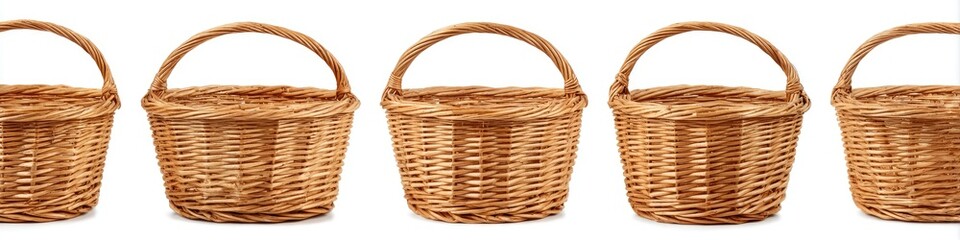 Five light brown, round, woven baskets with handles