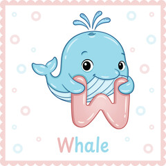 Letter W with Whale Cute Educational Alphabet Flashcard for Kids