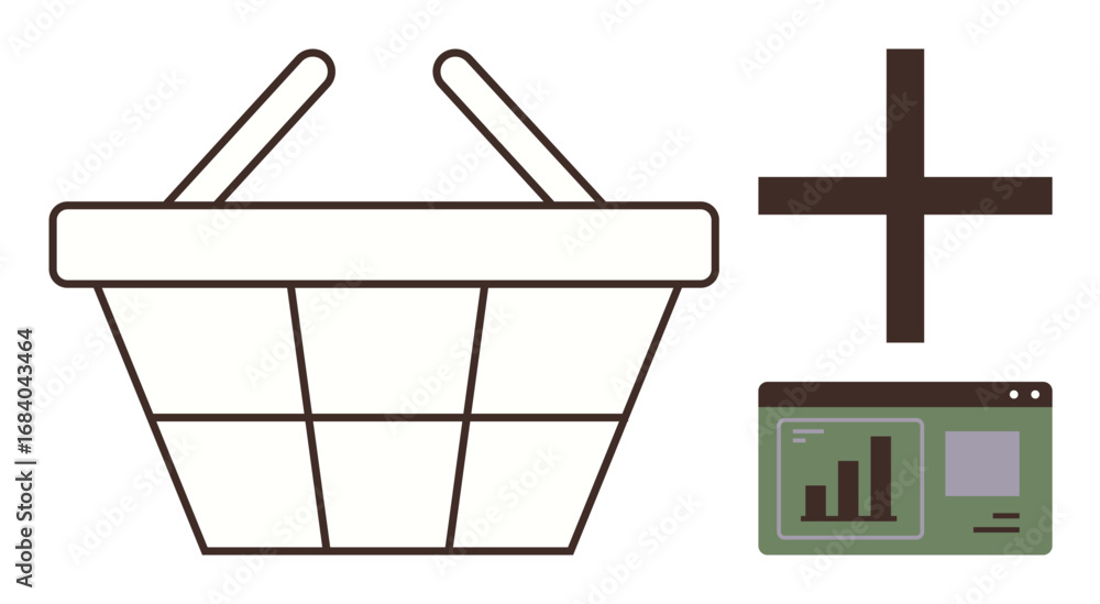 Poster shopping basket linked with a digital screen showcasing analytics and a plus sign. ideal for e-comme