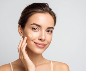 A young woman applies beige foundation to her cheek, showcasing a healthy, glowing complexion.