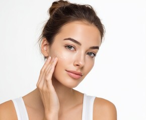 Close-up of a woman applying skincare product to her face, showcasing healthy, radiant skin and a delicate touch.