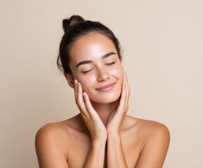 A radiant woman with smooth, glowing skin, gently touching her face, exudes a serene and healthy beauty.