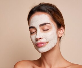 A woman with a calming facial mask, serene and relaxed, features a soft, light beige backdrop.