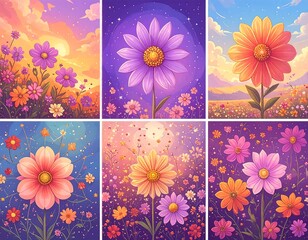 A vibrant collection of flower-themed illustrations, showcasing various blooms in a variety of settings and moods, from sunny landscapes to starry nights.