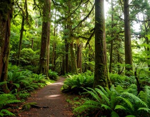 Obraz premium Lush green forest path winds through a vibrant, mossy woodland, bathed in natural sunlight.