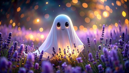 Cute ghost in a lavender field at night