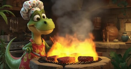 Grill heat sparking flames flaring as dinosaur chef flipping steaks at rustic kitchen, copy space - Powered by Adobe
