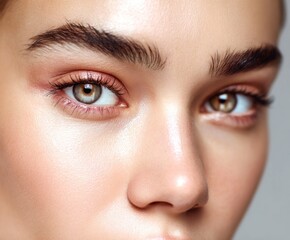 Close-up portrait of a woman's face, highlighting flawless skin and striking eye makeup.  The soft lighting and careful application of blush and eyeshadow create a radiant, healthy aesthetic.
