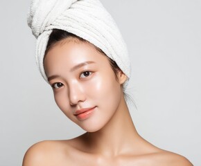 A radiant young woman with smooth, flawless skin, adorned with a white towel turban, exudes a serene and healthy glow against a neutral backdrop.
