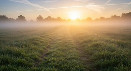 Obraz premium Misty Sunrise A Grassy Field Bathed in Golden Light