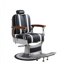 Classic barber chair, black and white leather, wooden accents