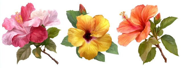 Three vibrant hibiscus flowers in pink, yellow-orange, and orange-peach hues, set against a white background, with detailed botanical illustrations of leaves and stems