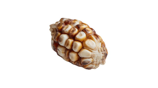 Close-up of a single, textured corn seed.  A light beige/cream colored seed with numerous,  raised,  small,  irregular bumps.  Dark brown/burnt edges