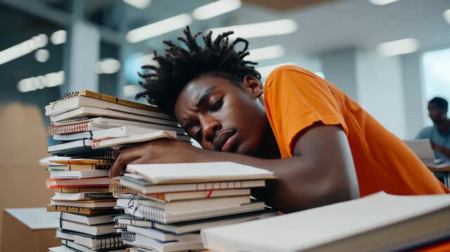 Exhausted student napping on books in library during study session