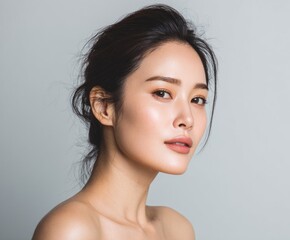 A close-up portrait showcasing a woman's smooth, glowing complexion and sophisticated makeup.