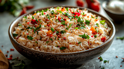 Colorful Rice Dish Garnished With Fresh Herbs and Spices in Rustic Bowl