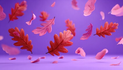 Autumn leaves, pink petals, floating in the air, vibrant purple background