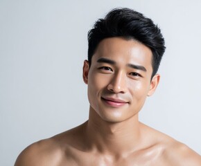 Close-up portrait of a man with a pleasant expression, showcasing healthy, smooth skin against a neutral backdrop.