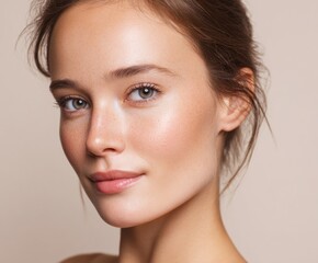 Close-up portrait of a woman with flawless, luminous skin and soft, natural makeup.  A gentle, elegant portrait emphasizing healthy skin and a serene expression.