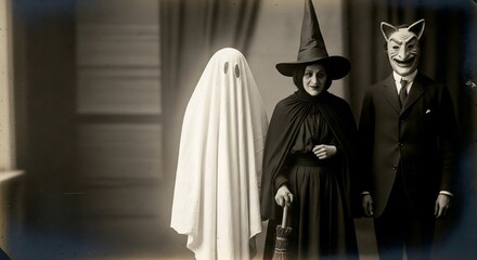 Naklejka premium Eerie Vintage Halloween Portrait of a Ghost, a Witch, and a Cat-Masked Man