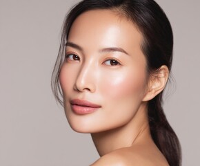 A captivating close-up portrait of a woman with flawless skin, highlighted by subtle makeup and a soft, neutral backdrop.