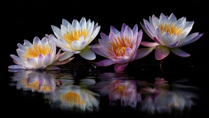 Four delicate water lilies, pale white with hints of lavender and yellow, rest on a dark pond surface, their reflections mirroring their beauty