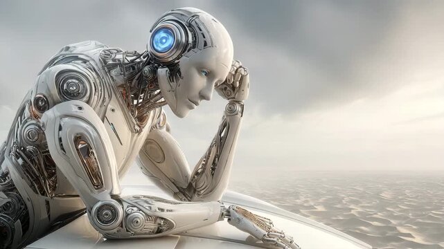 Futuristic android robot in a thinker pose. The concept of artificial intelligence and loneliness in the modern world.