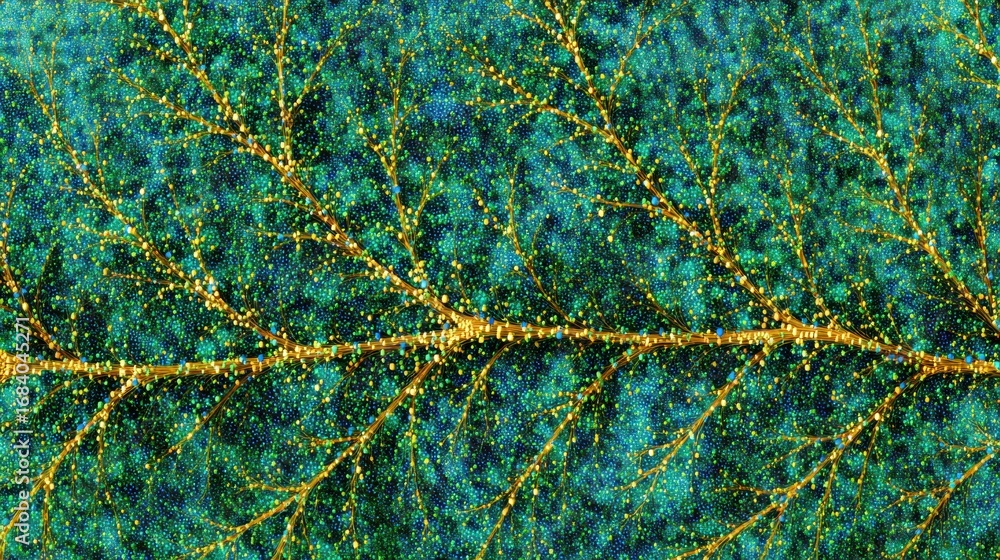Poster exploration of a leaf’s intricate structure highlighting vivid colors and fine vein patterns typical
