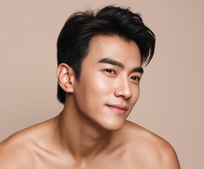 Close-up portrait of a man with smooth, healthy-looking skin, showcasing a neutral expression and a soft, warm light.