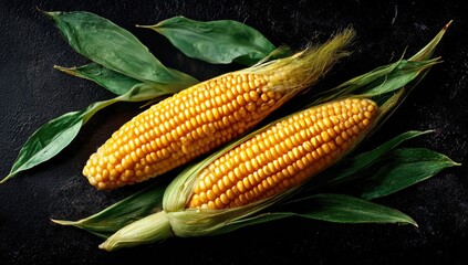 Two ears of golden corn, vibrant green leaves, dark background