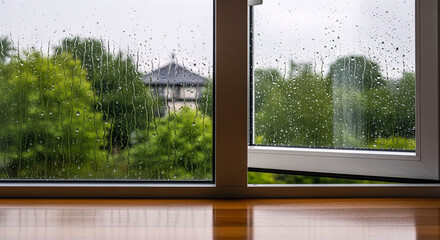 Fototapeta premium View through a window on a rainy day, with raindrops streaming down the glass and a pane open to the fresh air.