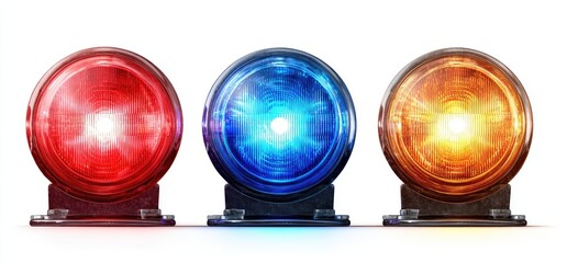 Three round emergency lights in red, blue, and amber/orange