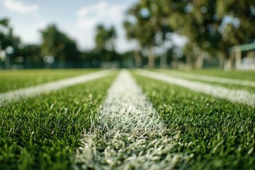 Close-up view of two parallel white lines on a green artificial turf field.  Blurred trees and sky in background