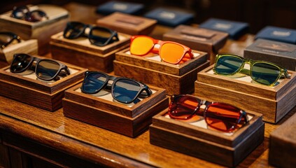 Display of colorful sunglasses in wooden boxes on a wooden surface