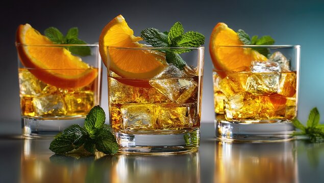 Three chilled cocktails, each garnished with orange slices and mint leaves, sit on a reflective surface