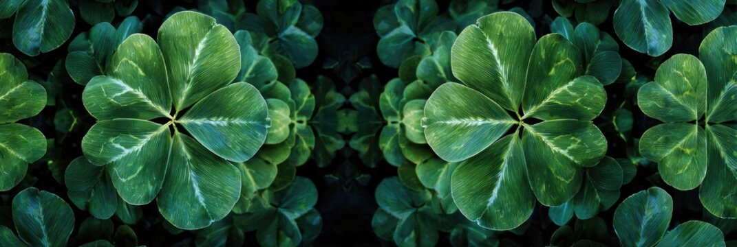 Close-up of lush, vibrant green clover leaves, arranged in a symmetrical pattern - Powered by Adobe
