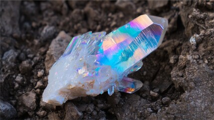 Vibrant aura quartz crystal gleaming on rugged dark surface, casting iridescent reflections and highlighting mineral's luminous, ethereal color spectrum