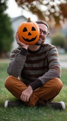 Obraz premium Young man sitting in verdant garden, gripping carved pumpkin, wearing cozy sweater and brown trousers, embodying halloween festivity with infectious joy