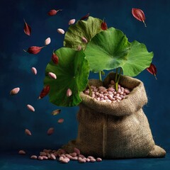 A burlap sack filled with pink seeds, topped by vibrant green lotus leaves and falling petals