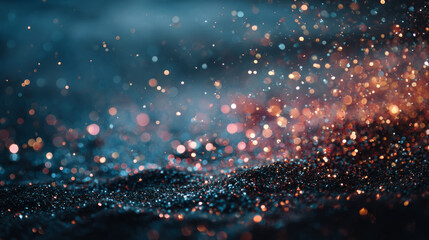 Obraz premium Glittering particles floating in deep blue background for creative design