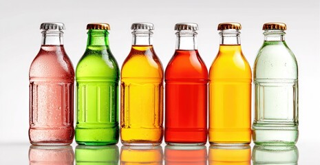 Row of colorful glass bottles, likely beverages.  Each bottle displays a different hue
