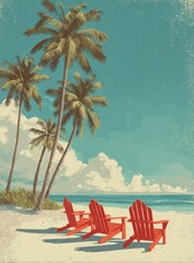 Tropical beach scene with red Adirondack chairs.  Palm trees stand guard over three red chairs on a sandy beach, overlooking a light teal ocean.  A vintage-style illustration