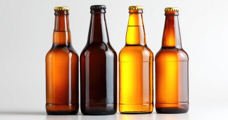 Four brown and amber beer bottles on white background