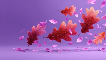 Floating autumn leaves and petals on a purple background
